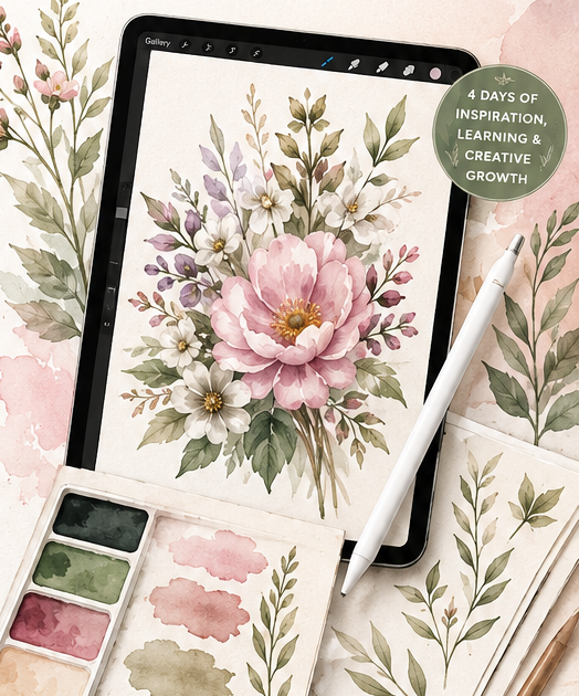 Botanical digital illustration on a tablet with watercolor textures and creative tools